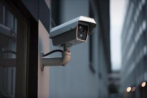 sicurezza telecamera su moderno costruzione. professionale sorveglianza macchine fotografiche. cctv su il parete nel il città. sicurezza sistema, tecnologia. video attrezzatura per sicurezza sistema la zona controllo all'aperto. ai generato. foto