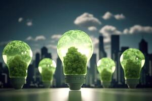 energia consumo e co2 gas emissioni siamo crescente leggero bulbi con verde eco città, rinnovabile energia di 2050 carbonio neutro energia, Salva energia creativo idea concetto, generativo ai. foto