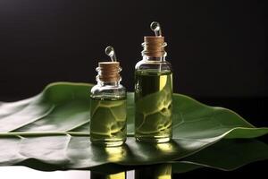 cosmetico siero nel un' bicchiere bottiglie con un' pipetta su un' buio sfondo con verde le foglie su un' buio sfondo. pelle cura siero, essenziale oli, terme e benessere. naturale cosmetico. ai generato. foto