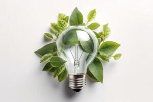 eco-friendly lampadina a partire dal fresco le foglie superiore Visualizza, concetto di rinnovabile energia e sostenibile vita, creato con generativo ai tecnologia foto