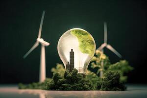 energia consumo e co2 gas emissioni siamo crescente leggero bulbi con verde eco città, rinnovabile energia di 2050 carbonio neutro energia, Salva energia creativo idea concetto, generativo ai. foto