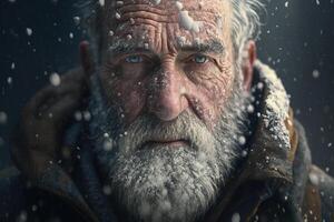 ritratto di un' dai capelli grigi anziano uomo con blu occhi nel nevoso tempo atmosferico. generativo ai foto