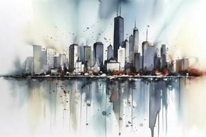 acquerello pittura di un' città orizzonte, con intricato architettura e riflessi su acqua o bicchiere superfici, creare ai foto