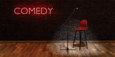 palco con microfono e sgabello con lampada al neon rossa con la parola spazio commedia per il testo