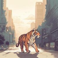 tigre è a piedi giù un' città strada ai generato foto