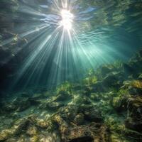 il sole raggi rompere attraverso sotto il acqua ai generato foto