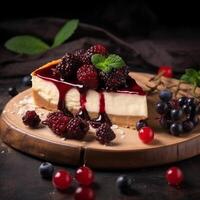 cremoso torta di formaggio con rosso frutti di bosco ai generato foto