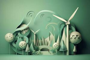 carta arte, rinnovabile energia con verde energia come come vento turbine, rinnovabile energia di 2050 carbonio neutro energia, energia consumo, e co2, ridurre co2 emissione concetto, creare ai foto