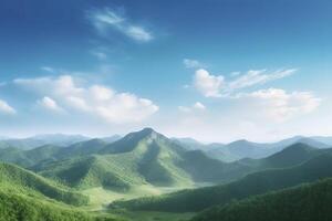 mondo ambiente giorno concetto, verde montagne e bellissimo blu cielo nuvole generativo ai foto