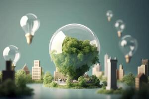 energia consumo e co2 gas emissioni siamo crescente leggero bulbi con verde eco città, rinnovabile energia di 2050 carbonio neutro energia, Salva energia creativo idea concetto, generativo ai. foto