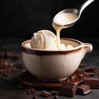notizia in anticipo di vellutato vaniglia ghiaccio crema con caldo cioccolato salsa ai generato foto