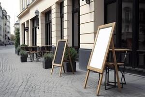 vuoto ristorante negozio cartello o menù tavole vicino il Ingresso per ristorante. bar menù su il strada. lavagna cartello nel davanti di un' ristorante. cartello, indipendente una cornice lavagna. ai generato. foto