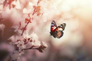 primavera striscione, rami di fioritura ciliegia contro il sfondo di blu cielo, e farfalle su natura all'aperto. rosa sakura fiori, sognante romantico Immagine molla, paesaggio panorama, creare ai foto