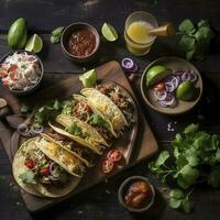 messicano cibo angolo confine, dall'alto al basso Visualizza al di sopra di un' buio bandiera sfondo. tacos, Quesadilla, burritos e nachos. copia spazio, creare ai foto