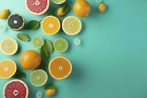 agrume Paradiso concetto. superiore Visualizza di succoso arance, limoni, Limes e Pompelmi su turchese sfondo con vuoto spazio per promozionale testo, creare ai foto