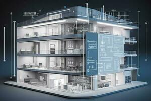 moderno inteligente casa sistemi di inteligente costruzione, il inteligente casa è isolato sfondo, creare ai foto