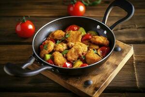 fritte pollo pepite con verdure nel frittura padella su di legno tavolo, creare ai foto