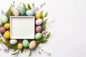 colorato Pasqua uova con bianca telaio copia spazio , generativo ai foto