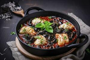 tradizionale italiano spaghetti al nero di seppia con calamaro inchiostro nel pomodoro salsa servito come avvicinamento nel un' ghisa padella su un' di legno asse, creare ai foto