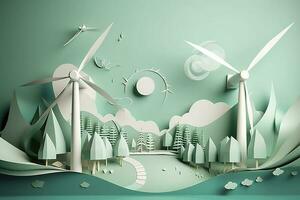 carta arte, rinnovabile energia con verde energia come come vento turbine, rinnovabile energia di 2050 carbonio neutro energia, energia consumo, e co2, ridurre co2 emissione concetto, creare ai foto