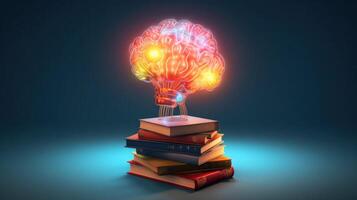 pila di libri con cervello. formazione scolastica concetto. illustrazione ai generativo foto