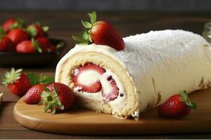 delizioso torta rotolo con fragole e crema su di legno asse, avvicinamento, creare ai foto