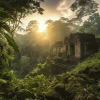 magico portale sotto un antico pietra arco collocato nel il giungla selvaggio foresta blu splendore antico pietra edifici culturale monumenti teletrasporto per parallelo universi 3d rendering, creare ai foto