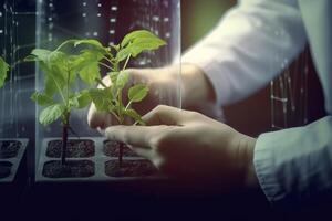 agricolo tecnologie per in crescita impianti e scientifico ricerca nel il campo di biologia e chimica di natura. vivente verde germoglio nel il mani di un' contadino, ai generativo foto