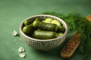 ciotola con gustoso fermentato cetrioli e ingredienti su verde sfondo, creare ai foto