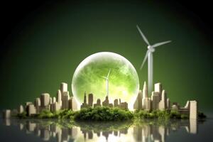 energia consumo e co2 gas emissioni siamo crescente leggero bulbi con verde eco città, rinnovabile energia di 2050 carbonio neutro energia, Salva energia creativo idea concetto, generativo ai. foto
