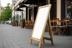 vuoto ristorante negozio cartello o menù tavole vicino il Ingresso per ristorante. bar menù su il strada. lavagna cartello nel davanti di un' ristorante. cartello, indipendente una cornice lavagna. ai generato. foto