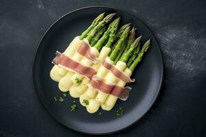 moderno stile tradizionale al vapore bianca asparago con guarito prosciutto e Olandese salsa servito come superiore Visualizza su un' nordico design piatto con copia spazio, creare ai foto