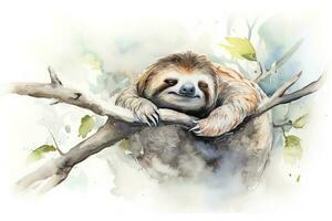 un' bradipo addormentato su un' albero ramo acquerello la pittura, bellissimo naturale le forme, croccante pulito forme, colorato, bianca sfondo, creare ai foto