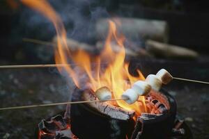 ardente fuoco nel un' compatto griglia, legna logs Engulfed nel rosso fiamme, avvicinamento di friggere marshmallows su fuoco, Fumo si alza, concetto di divertimento festa, cucinando delicatezza all'aperto, creare ai foto