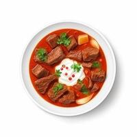 gulasch è un' carne e verdura stufato aggiunto con paprica e altro spezie. ai generato foto