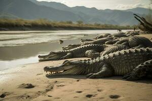 un' gruppo di coccodrilli prendere il sole su un' Riva del fiume, creare ai foto