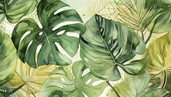 tropicale fogliame acquerello sfondo vettore. estate botanico design con oro linea arte, Monstera foglia, verde acquerello struttura. lusso tropicale illustrazione per bandiera , creare ai foto