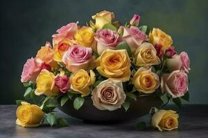colorato primavera fiore preparativi con Rose, francese testo merci si intende grazie voi , creare ai foto