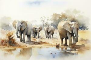 un' gruppo di elefanti si riunirono in giro un' irrigazione buco acquerello la pittura, bellissimo naturale le forme, croccante pulito forme, colorato, bianca sfondo, creare ai foto