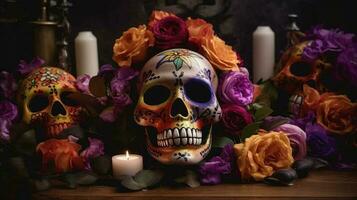 giorno di il morto teschi. dia de los muertos. giorno di il morto e messicano Halloween sfondo. messicano tradizione Festival. giorno di il morto zucchero cranio. dia de los muertos, creare ai foto