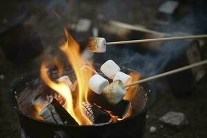 ardente fuoco nel un' compatto griglia, legna logs Engulfed nel rosso fiamme, avvicinamento di friggere marshmallows su fuoco, Fumo si alza, concetto di divertimento festa, cucinando delicatezza all'aperto, creare ai foto