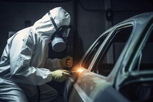 auto pittore nel protettivo Abiti e maschera pittura un' macchina, meccanico utilizzando un' dipingere spray pistola nel un' pittura Camera. carrozzeria, dipingere lavoro, auto servizio, pittura del corpo box auto. ai generato Immagine foto