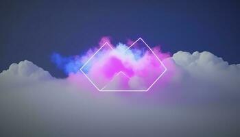 3d rendere, astratto minimo sfondo con rosa blu giallo neon leggero piazza telaio con copia spazio, illuminato tempestoso nuvole, raggiante geometrico forma, creare ai foto