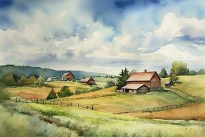 un' acquerello pittura di un' rurale campagna scena, con un' pittoresco azienda agricola o fienile, rotolamento colline, e un' blu cielo con soffice nuvole, creare ai foto
