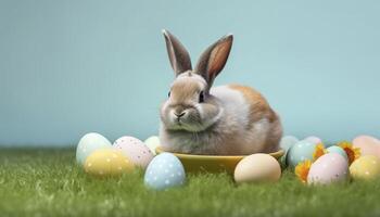 carino coniglio con fantasia Pasqua uova su erba , generativo ai foto