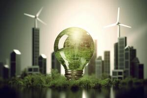 energia consumo e co2 gas emissioni siamo crescente leggero bulbi con verde eco città, rinnovabile energia di 2050 carbonio neutro energia, Salva energia creativo idea concetto, generativo ai. foto