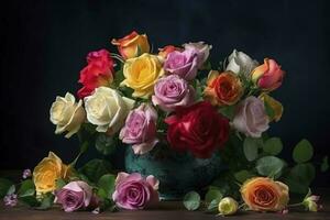 colorato primavera fiore preparativi con Rose, francese testo merci si intende grazie voi , creare ai foto