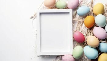 colorato Pasqua uova con bianca telaio copia spazio , generativo ai foto