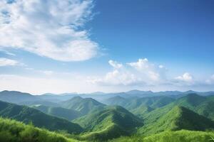 mondo ambiente giorno concetto, verde montagne e bellissimo blu cielo nuvole generativo ai foto