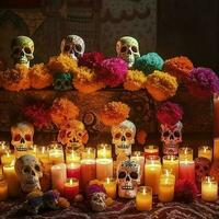 dia de los muertos teschi, fiori candele, carnevale colorato, lotto di fiore nel il sfondo, creare ai foto